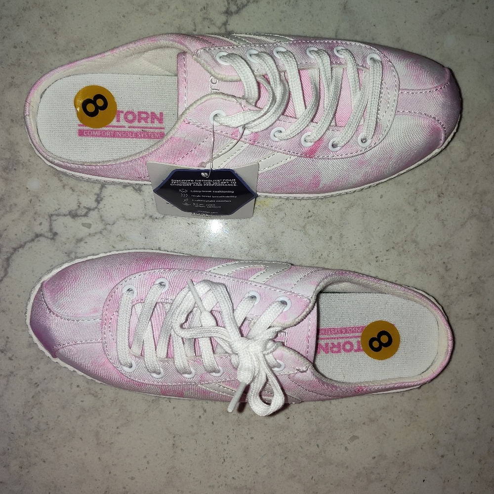 Tretorn Easy Nylite Slip-On Lace-Up Mule Sneaker Blush Pink Tie Dye Sz 8